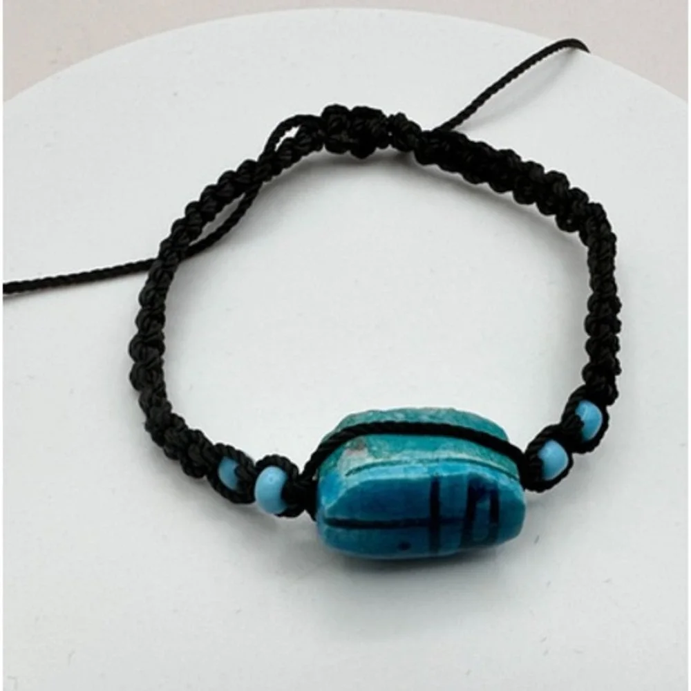 Vintage 90s Egyptian Scarab Bracelet Blue Glass Stone Braided Cord Boho Jewelry
